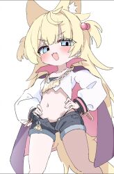 blonde_female blonde_hair cape cat_ears chains cuemew female female_focus female_only midriff monster_girl shorts shortstack yellow_hair