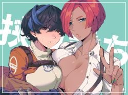 2girls asymmetrical_docking big_breasts black_hair blue_eyes blue_jacket blue_streaks blush breast_press breasts buttons cleavage dark-skinned_female dark_skin giovanna_(guilty_gear) guilty_gear guilty_gear_strive highres jacket large_breasts lips looking_at_viewer multicolored_hair multiple_girls nkmr_863 no_bra open_clothes open_shirt red_eyes red_hair short_hair streaked_hair suspenders turtleneck unbuttoned unbuttoned_shirt unika_(guilty_gear)