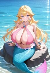 1girls ai_generated big_breasts blonde_hair blue_eyes breasts civitai earrings female fish fish_tail halter_top halterneck hand_out huge_breasts jewelry large_breasts long_hair mario_(series) mature_female merfolk mermaid mermaid_peach midriff nintendo princess_peach princess_peach:_showtime! solo thick_mermaid_hips thick_thighs underwater wide_hips
