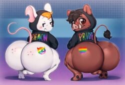 2025 anthro ass balls big_butt bitfly black_hair black_sweatshirt blonde_hair blue_background blush cheeky cheeky_smile clothed clothing crouching duo fur genitals gradient_background hair huge_butt lgbt_pride looking_back male mammal markings mouse murid murine notched_ear peat_(butterton) pink_tail presenting presenting_hindquarters pride_color_clothing pride_color_emoji pride_colors pride_heart purple_background rainbow rodent shadow simple_background spots spotted_markings suid suine sus_(pig) tail thick_thighs topwear tusks white_body white_fur wild_boar wilfred_butterton