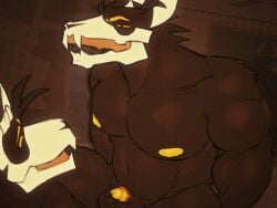 absurd_res anthro balls big_balls big_pecs black_body bone colored colossus_(yaperstuff18) duo ezedio_(yaperstuff18) genitals hi_res humanoid hybrid male male/male mirror monster muscular muscular_male pecs penis picture_frame shaded skull skull_head small_penis smirking_at_partner vintage yaperstuff18