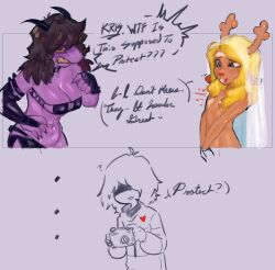 2025 blush brialzebubbie camera colored_sketch cross_pasties deltarune embarrassed female kris_(deltarune) leather leather_clothing noelle_holiday pointing_at_self scantily_clad sp4gh3tt1_(artist) susie_(deltarune) veil
