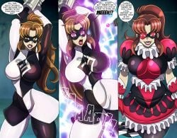 arms_above_head before_and_after big_breasts bondage brainwashed brainwashing brainwashing_machine breasts brown_hair comic corruption denial empty_eyes english_text female female_only femsub glowing glowing_eyes hero heroine heroine_in_trouble hypnosis instant_loss mask mind_control original speech_bubble tech_control text transformation zorro-zero