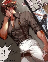 3boys anton_ivanov blush blush blush_lines covering_mouth doggy_style green_hair hard_on hiding hoyoverse lighter_(zenless_zone_zero) no_visible_genitalia nori31291404 voyeurism zenless_zone_zero