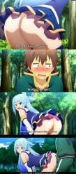 1boy 1girls ai_generated aqua_(konosuba) artstyle_imitation ass ass_focus bare_ass big_ass blush blushing_male boner boner_in_pants boner_under_clothes bottomless butt_focus buttjob clothed clothed_buttjob clothing comic dat_ass english english_text female femdom kono_subarashii_sekai_ni_shukufuku_wo! mooning official_style satou_kazuma teasing thissave