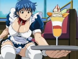 00s 1girls 2003 animated animated ass blue_panties breasts brown_eyes cafe cleavage couch female huge_ass large_breasts lowres nami_sos! panties skirt sundae tagme thighhighs tray underwear waitress waitress_uniform window yamane_chisato