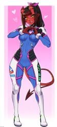 ai_generated bodysuit cosplay d.va d.va_(cosplay) demon_girl female heart_hands meru_(merunyaa) red_skin solo standing tail viriai yellow_eyes