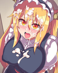 after_ejaculation after_fellatio apron ascot blonde_hair blush breasts bukkake collared_shirt cum cum_on_body cum_on_breasts cum_on_clothes cum_on_hair dragon_girl dragon_horns facial female female_only horns horns_through_headwear ka-9 kobayashi-san_chi_no_maidragon long_hair looking_up maid maid_apron maid_headdress miss_kobayashi's_dragon_maid multicolored multicolored_eyes open_mouth orange_eyes puffy_short_sleeves puffy_sleeves shirt short_sleeves slit_pupils solo tearing_up teeth tohru_(dragon_maid) tongue tongue_out white_shirt yellow_eyes