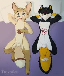 animal_genitalia anthro balls bed biped bird's-eye_view black_body black_fur blep canid canine casual_nudity cheek_tuft digital_drawing_(artwork) digital_media_(artwork) duo facial_tuft fennec_fox fluffy fluffy_tail fox full-length_portrait fully_sheathed fur furniture genitals happy hi_res high-angle_view inside looking_at_another looking_at_viewer lying male male/male mammal navel nude on_back on_bed paws pillow portrait relaxing sheath signature slim small_waist smile tail tan_body tan_fur tongue tongue_out trevart true_fox tuft white_body white_fur yellow_body yellow_fur