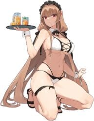 azur_lane bare_shoulders bikini black_background black_bow black_footwear black_headband blonde_hair blush bow bowtie breasts brown_hair cg cleavage closed_mouth cross cross-laced_clothes cup detached_collar drink drinking_glass female frilled_hairband frills full_body hair_ornament hair_ribbon hairband high_heels highleg highleg_bikini holding holding_tray ice_cube kneeling large_breasts light_brown_hair long_hair looking_at_viewer maid_bikini maid_headdress mole mole_under_mouth multi-strapped_bikini navel official_alternate_costume official_art on_one_knee red_eyes sandals sideboob sidelocks simple_background skindentation solo stomach string_bikini swiftsure_(azur_lane) swiftsure_(midsummer_special_service)_(azur_lane) swimsuit thigh_strap thighs transparent_background tray twintails two-tone_bikini unconventional_maid underboob very_long_hair wet white_bikini wrist_cuffs