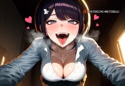 ai_generated blush breasts breath character_request collarbone danganronpa danganronpa:_trigger_happy_havoc danganronpa_(series) female hair_ornament half-closed_eyes heart heavy_breathing large_breasts leaning_forward long_hair long_sleeves looking_at_viewer meitabuu monokuma naughty_face open_mouth oral_invitation pov saliva saliva_trail sexually_suggestive shirt short_hair skirt smile solo sweat tagme teeth tongue tongue_out uvula
