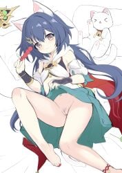 >_< :3 animal animal_ear_fluff animal_ears barefoot bed_sheet bell blue_hair blue_skirt brown_eyes closed_eyes closed_mouth clothes_lift commentary_request detached_sleeves feline female groin hair_between_eyes highres honkai:_star_rail honkai_(series) jingle_bell long_hair looking_at_viewer lying nail_polish neck_bell no_panties on_side pillow pleated_skirt pubic_hair puffy_short_sleeves puffy_sleeves pussy red_nails sakuraba_hikaru_(loveindog) short_sleeves skirt skirt_lift smile solo toenail_polish toenails very_long_hair white_cat white_sleeves yunli_(honkai:_star_rail)