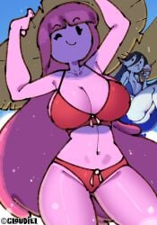 2girls adventure_time ass beach big_ass big_breasts bikini breasts brown_hair cloudiel female female_only grey_skin long_hair marceline mob_face pink_hair pink_skin princess_bubblegum tagme thick_thighs thighs
