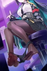 1girls ai_generated black_gloves black_hair black_necktie black_panties black_pantyhose black_skirt blush breasts clothes_lift collared_shirt feet female fingerless_gloves gloves hikari_illust hoshimi_miyabi indoors large_breasts legs lifting_own_clothes long_hair looking_at_viewer necktie no_shoes panties panty_pull pantyhose parted_lips pleated_skirt shirt sitting skirt skirt_lift soles solo stool toes underwear white_shirt zenless_zone_zero