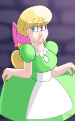 1girls 2d 2d_(artwork) 2d_artwork alice_(jamearts) april_fools big_lips blonde_hair blonde_hair_female blue_eyes bow bowtie breasts digital_drawing_(artwork) digital_media_(artwork) dress female freckles freckles_on_face green_dress jamearts jimmy’s_sloppy_life light-skinned_female light_skin lips medium_breasts pink_bow pink_bowtie princess solo solo_female solo_focus