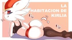 akatosh_el_shota_furro animal_ears animal_nose ass ass_focus back bare_shoulders black_sports_bra black_thighhighs breasts cinderace closed_mouth eyelashes female female_focus from_behind full_body furry furry_female gen_8_pokemon highres huge_ass looking_at_viewer looking_back lying medium_breasts midriff naughty_face nintendo on_side orange_background pokemon pokemon_(creature) profile rabbit_ears rabbit_girl rabbit_tail red_eyes red_shorts short_shorts shorts simple_background smile solo sports_bra tail thighhighs tongue tongue_out two-tone_background white_background white_fur
