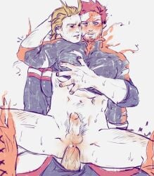 2boys all_might anal anal_sex bara barazoku blonde_hair blush cumming_inside cumming_inside_ass endeavor_(my_hero_academia) enji_todoroki erect_penis gay gay_sex grabing_from_behind hairy_penis male male_only male_penetrated muscles muscular muscular_male my_hero_academia precum_drip pubic_hair red_hair ripped_bodysuit superhero toshinori_yagi veiny_penis yaoi