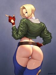 2025 2d ass athletic athletic_female bare_midriff bare_shoulders big_breasts blonde_hair blue_mary boots breasts bubble_butt busty crop_top fatal_fury fatal_fury:_city_of_the_wolves female female_focus female_only fingerless_gloves full_body hourglass_figure jacket jiggeh pinup pinup_pose rear_view short_hair sleeveless snk tagme thong turtleneck turtleneck_sweater wide_hips