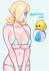 beach_ball bikini blue_eyes cleavage female huge_breasts luma mario_(series) nintendo one_eye_covered platinum_blonde_hair princess_rosalina solo solo_focus subway_sum