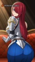 ai_generated armor armored_dress ass blue_skirt blush boobplate breastplate breasts closed_mouth couch erza_scarlet fairy_tail female from_behind gauntlets hair_over_one_eye large_breasts light_rays long_hair looking_at_viewer looking_back meitabuu purple_eyes red_hair shoulder_armor sitting skirt smile solo sunbeam