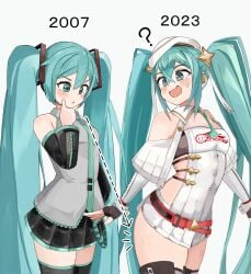2007 2023 ? arrow_(symbol) blue_eyes blue_hair blush collared_shirt detached_sleeves dotted_line dual_persona fingerless_gloves gloves hand_on_own_chin hat hatsune_miku headphones highres long_hair long_sleeves looking_down microskirt nanukotu necktie oerba_yun_fang open_mouth pleated_skirt racing_miku racing_miku_(2023) shirt skirt sleeveless sleeveless_shirt smile strapless sweat thighhighs tube_top twintails very_long_hair vocaloid