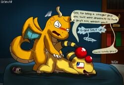 2018 ampharos anal anal_sex antennae_(anatomy) anthro artist_name asking_another bed bedding bedroom bedroom_sex black_body black_fur blue_bedding blue_body blue_eyes blush bodily_fluids claws closed_eyes cross-popping_vein cum cum_in_ass cum_inside cum_on_bed dated dialogue dragonite drooling duo ellipsis english_text fur furniture generation_1_pokemon generation_2_pokemon genital_fluids genitals hi_res horn in_denial looking_at_another looking_back looking_back_at_another lube lube_bottle lying lying_on_bed male male/male membrane_(anatomy) membranous_wings musical_note musical_symbol nintendo on_bed open_mouth open_smile orange_body orientation_play penetration penile penile_penetration penis penis_in_ass pokemon pokemon_(species) profanity saliva smile speech_bubble stated_heterosexuality stated_sexuality sweat symbol tail tail_orb talking_to_another tan_body teasing text tilde_after_text tongue tongue_out wings yellow_body yellow_fur zandermanith