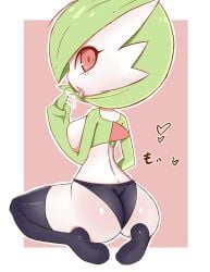 akatosh_el_shota_furro arm_at_side ass ass_focus black_panties black_thighhighs breast_press breasts colored_skin eyelashes female female_focus from_behind full_body gardevoir generation_3_pokemon green_hair green_skin hi_res huge_ass large_breasts looking_at_viewer looking_back middle_finger multicolored_skin nintendo open_mouth panties pink_background pokemon pokemon_(species) red_eyes saliva saliva_trail short_hair simple_background sitting solo thighhighs tongue tongue_out topless_female two-tone_skin underwear wariza white_border white_skin