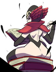 ass back back_view backless_outfit bare_back book emblian_soldier_(fire_emblem) feathers female fire_emblem fire_emblem_heroes fremponyx large_ass looking_at_viewer looking_back nintendo npc red_mage_(fire_emblem) sitting sitting_down solo thighhighs writing