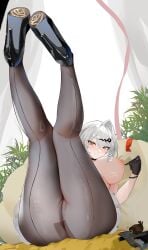1girls absurdres bird black_bird black_choker black_gloves black_pantyhose black_shoes breasts cameltoe choker couch female gloves hair_ornament hairclip high_heels highres jacket large_breasts legs_up long_hair looking_at_viewer nipples on_couch pantyhose sabou_san-shitsu_kokoro shoes sitting smile solo unworn_jacket white_hair yellow_eyes yixuan_(zenless_zone_zero) zenless_zone_zero