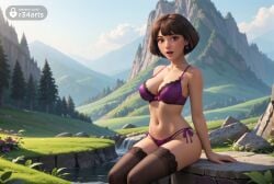 1girls ai_generated arm_support artist_name black_thighhighs bob_cut bow bow_panties bra breasts brown_eyes brown_hair cleavage cloud collarbone day dora_marquez dora_the_explorer earrings flower heart heart_earrings hi_res jewelry large_breasts lingerie lips looking_at_viewer mountain nature navel nick_jr nickelodeon open_mouth outdoors panties purple_bra purple_panties r34arts short_hair side-tie_panties sitting sky smile solo thighhighs tree underwear underwear_only