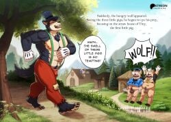 2025 5_fingers anthro areola balls big_bad_wolf big_bad_wolf_(disney) biped black_body black_fur canid canine canis clothed clothing desfrog dialogue disney domestic_pig english_text fairy_tales fingers foreskin fur gay gay_male genitals gloves group handwear hat headgear headwear hi_res humanoid_genitalia humanoid_penis male mammal muscular muscular_anthro muscular_male nipples overweight overweight_anthro overweight_male penis pig plant speech_bubble suid suine sus_(pig) tail text the_three_little_pigs tree uncircumcised wolf yaoi