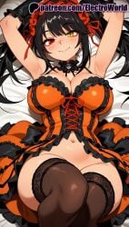 ai_generated armpits arms_up black_dress black_hair blush breasts brown_hair brown_thighhighs date_a_live dress electroworld female frilled_dress frills headband headdress heterochromia highres large_breasts long_hair model_request multicolored_hair navel no_panties orange_dress patreon_logo patreon_username red_eyes red_headband smile thighhighs tokisaki_kurumi two-tone_hair yellow_eyes