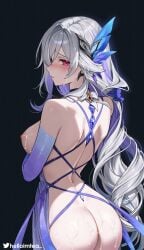 arched_back ass ass_cheeks back_muscles back_view bare_ass bare_shoulders breasts cum cum_on_body cum_on_face ear eyes female genshin_impact girl hair helloimtea hoyoverse lips looking_at_viewer mihoyo mihoyo_technology_(shanghai)_co._ltd. nipples nose skirk_(genshin_impact)