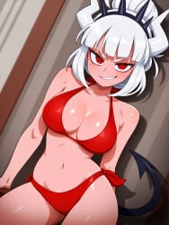 1girls 2d 2d_(artwork) ai_generated alternate_costume bikini bikini_bottom bikini_top bra breasts crown demon_tail evil_smile front_view helltaker high_resolution highres horns light-skinned_female light_skin looking_at_viewer lucifer_(helltaker) medium_breasts nyantation red_bikini red_bikini_bottom red_bikini_top red_eyes red_swimsuit sexy slim_girl smiling smiling_at_viewer standing swimsuit tail thong thong_bikini two_piece_swimsuit white_hair