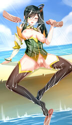 beach black_hair breasts cum disembodied_penis douluo_dalu douluo_dalu_2 female no_bra no_panties penis sea side_ponytail stockings water xiao_xiao_(douluo_dalu_2)