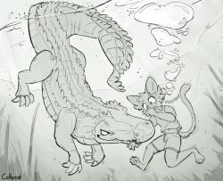2023 air_bubble alligator alligatorid ambiguous_gender anthro artist_name asphyxiation biting_arm blood bodily_fluids bottomwear clothed clothed_anthro clothing colby_(colbycat) colbycat constricted_pupils covering covering_mouth crocodilian cyanosis digital_drawing_(artwork) digital_media_(artwork) domestic_cat drowning duo english_description felid feline felis feral fully_submerged greyscale hi_res imminent_death mammal monochrome no_pupils peril pupils reptile scalie shirt shorts small_pupils struggling t-shirt tail text topwear underwater water
