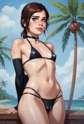 1girls 2d ai_generated bikini brown_hair choker ellie_(the_last_of_us) ellie_williams female petite pubic_hair ribs skinny small_breasts standing the_last_of_us young