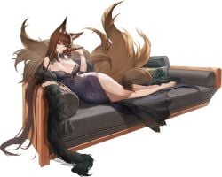 absurdly_long_hair alternate_costume amagi_(azur_lane) amagi_(red_kite_respite)_(azur_lane) animal_ear_fluff animal_ears azur_lane bare_legs bare_shoulders barefoot black_dress blue_eyes blunt_bangs breasts brown_hair cg cleavage couch crossed_legs cup dress feather_boa feet female folding_fan fox_ears fox_girl fox_tail full_body hand_fan holding holding_fan jewelry kitsune kyuubi large_breasts large_tail legs long_hair looking_at_viewer lying multiple_tails nail_polish necklace official_alternate_costume official_art on_couch on_side purple_eyes side_slit sitting smile solo tail thighs toes transparent_background very_long_hair