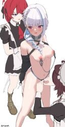 3girls armband armbinder arms_behind_back blue_hair blush blushing bound breasts chastity chastity_belt chastity_device clothed_female_nude_female collar drill_hair drill_sidelocks female female_chastity female_only femsub functionally_nude functionally_nude_female lize_helesta maid maid_headdress maid_outfit maid_uniform medium_breasts metal_collar naked naked_female nijisanji nipple_clamps nipples nude nude_female prixy purple_hair red_hair restrained restrained_arms restraints submissive submissive_female virtual_youtuber white_hair