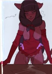 after_sex ankama anthro anthro_female ass bedroom_eyes blush bodily_fluids breasts brown_body brown_hair clothed clothing cum cum_in_vagina cum_inside dofus domestic_cat dress ecaflip elbow_gloves felid feline felis female fur genital_fluids genitals gloves hair handwear heart_symbol hi_res leaking_cum looking_at_viewer mammal miranda_(wakfu) narrowed_eyes nipples partially_clothed pussy red_clothing red_dress red_gloves red_handwear seductive shaking simple_background smile solo sweat tail trembling usurper2001 vulva wakfu