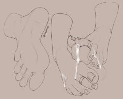 2d black_and_white cum cum_drip cum_in_ass cum_on_feet cum_on_toes feet feet_focus feet_on_penis foot_fetish foot_focus foot_play footjob monochrome morcotulke soles toe_ring toenails toes toes_on_penis watermark