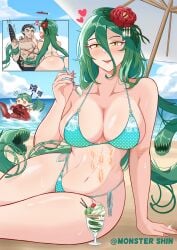 ass beach bikini biollante black_hair curvaceous dat_ass dessert ebirah feeding feeding_partner gijinka godzilla godzilla_(series) godzilla_junior green_hair human_personification ice_cream kaiju kaiju_boy kaiju_girl large_breasts lobster monster_shin orange_eyes plant plant_girl restrained scales scar scar_on_chest swimsuit tail thick_thighs toho vines yellow_eyes