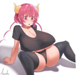 1girls amidasketchbook big_breasts breasts cameltoe female horns huge_breasts ilulu_(dragon_maid) large_breasts miss_kobayashi's_dragon_maid monster_girl nipple_bulge panties red_hair shortstack smaller_female thick_thighs thighhighs thighs