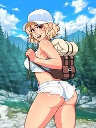 1girls ass backpack bag blonde_hair blue_sky blush breasts brown_eyes cloud cloudy_sky cowboy_shot day freckles hair hat medium_breasts midriff mountain open_mouth original original_character outdoors river rock ronindude shadow short_hair sky smile solo tank_top tree white_headwear white_tank_top