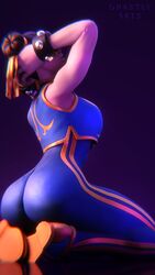 1girls 3d ass big_ass bracelet brown_hair capcom chun-li chun-li_(fortnite) clothed clothed_female clothing double_bun eyes_covered female female_only fortnite fully_clothed ghastlyarts hands_behind_head kneeling sleeveless solo solo_female street_fighter thick_thighs thighs