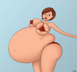 areolae_slip belly big_belly bikini breasts brown_hair disney ergos helen_parr huge_belly large_breasts mature_female milf nipple_bulge pixar pokies same_size_vore sweat swimsuit the_incredibles vore