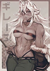 1girls abs animal_ears big_breasts breasts dark-skinned_female dark_skin female female_only ghislaine_dedoldia iahfy large_breasts muscles muscular muscular_female mushoku_tensei scar solo solo_female white_hair