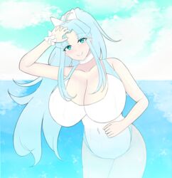 aqua_hair bare_shoulders blue_eyes breasts cleavage collar estherelaitea female golden_sun highres large_breasts long_hair mia_(golden_sun) navel ocean one-piece_swimsuit scrunchie sky solo swimsuit wet white_swimsuit