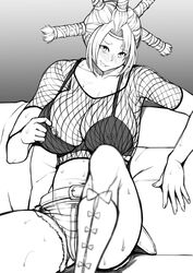 1girls artist_request big_breasts blush boots breasts female female_only fishnets human hunter hunter_x_hunter large_breasts menchi monochrome nipples nipples_visible_through_clothing short_hair short_shorts shounen_jump solo tagme tongue_out