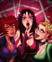 3girls ahe_gao big_breasts bigger_version_at_the_source blonde_hair blue_eyes breasts busty cleavage_dress clothed_female clothes clothing collar dark-skinned_female dark_skin deep_cleavage dress dusk_(hex_girls) earrings eye_contact eyeshadow fangs female female_human female_only finger_on_tongue finger_to_mouth fully_clothed goth goth_girl green_dress green_eyes green_lipstick group hand_on_mouth hanna-barbera hex_girls holding_hands hoop_earrings human human_only jewelry large_breasts licking licking_finger licking_fingers light-skinned_female lipstick long_fingernails long_hair long_nails long_sleeves looking_at_viewer luna_(hex_girls) mouth_open multiple_females multiple_girls nail_polish necklace open_mouth painted_nails pale_skin pointy_nails purple_dress purple_lipstick purple_nails qt0ri red_dress red_fingernails red_hair red_lipstick red_nails scooby-doo seductive sharp_nails short_hair spiked_collar thorn_(hex_girls) tongue tongue_out trio twintails upper_body